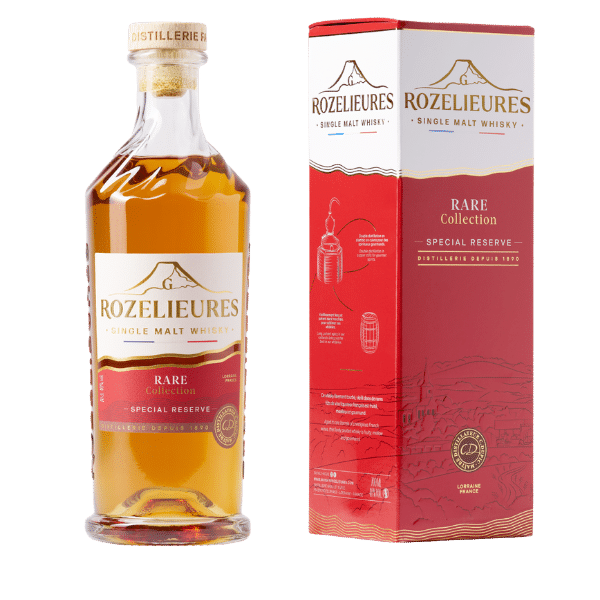 Rozelieures Rare Collection Single Malt Whisky – Special Reserve edition bottle and box in red and white design, crafted in Lorraine, France