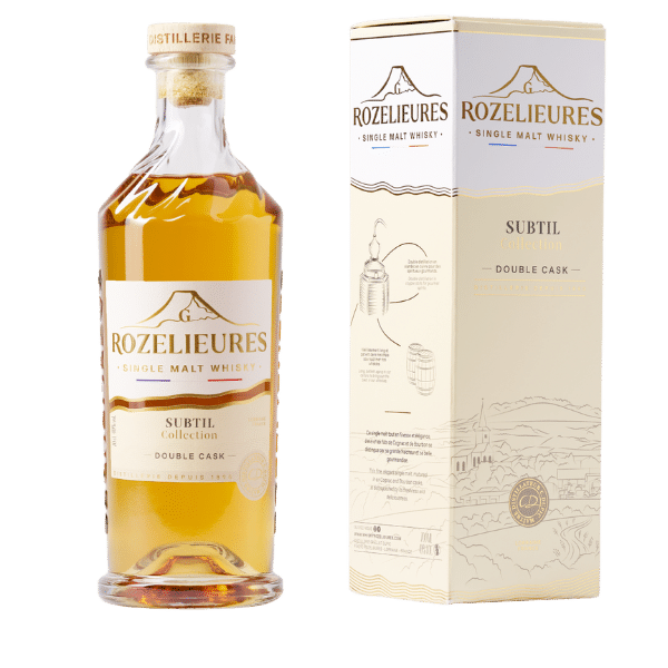 Rozelieures Subtil Collection Single Malt Whisky – Double Cask edition bottle and cream-colored box, French whisky from Lorraine