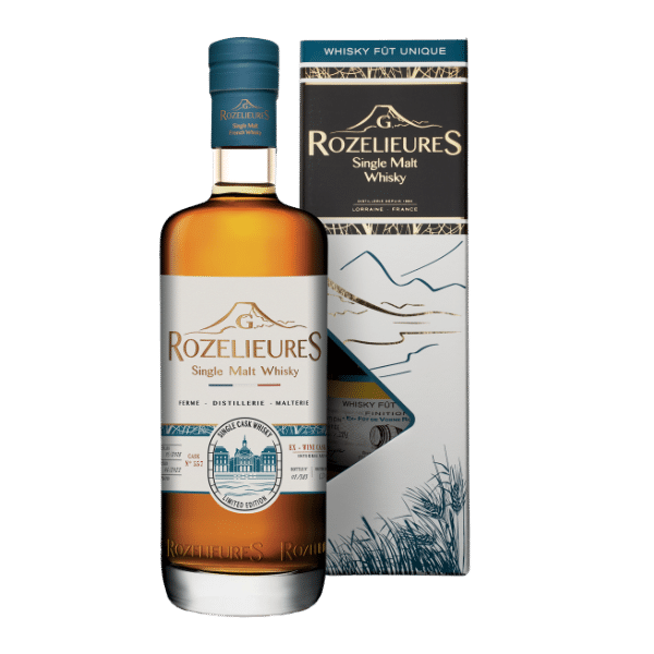 Bottle and box of Rozelieures Single Cask Whisky – Fût Unique limited edition from Lorraine