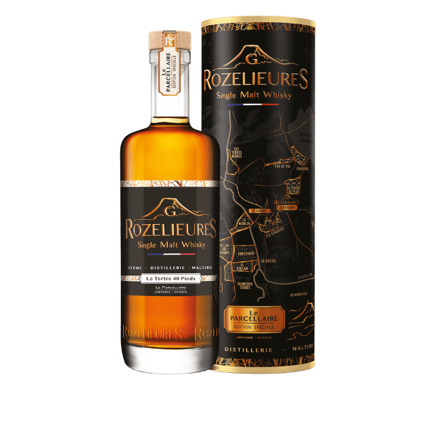 alt="Rozelieures Single Malt Whisky bottle and box, Le Parcellaire 'Le Tertre 40 Pieds' edition from Lorraine