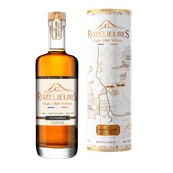 Rozelieures Single Malt Whisky bottle and box, Le Parcellaire 'Les Chauffours' edition from Lorraine