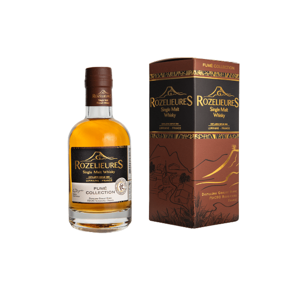 Rozelieures Fumé Collection Single Malt Whisky bottle and box, French smoky whisky from Lorraine
