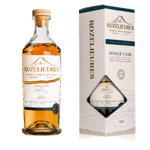 Rozelieures Single Cask Single Malt Whisky bottle and box, French limited edition whisky matured in Marsala cask