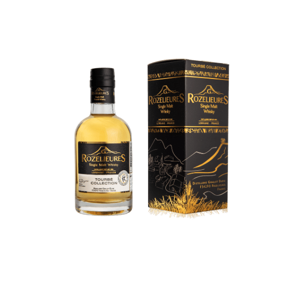 Rozelieures Tourbé Collection Single Malt Whisky bottle and box, French peated whisky from Lorraine