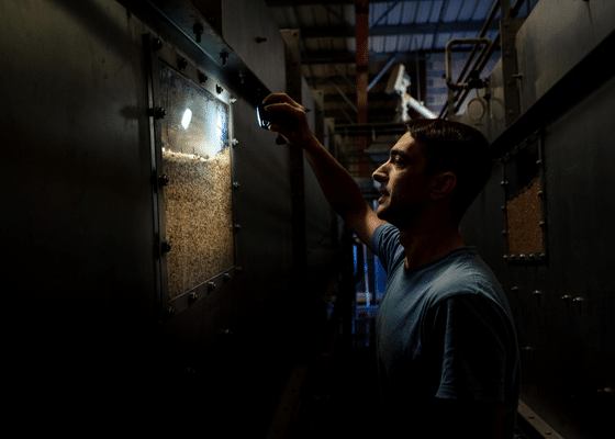 A technician checks malted barley inside a malting chamber at the Rozelieures distillery, monitoring the grain during the malting process.